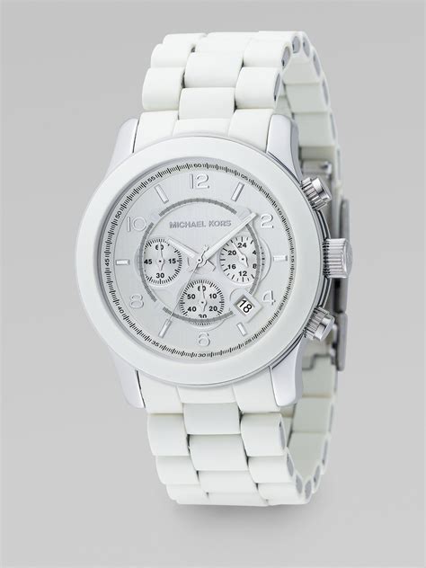 mens michael kors white ceramic watch with crystals|oversized runway white tone watch.